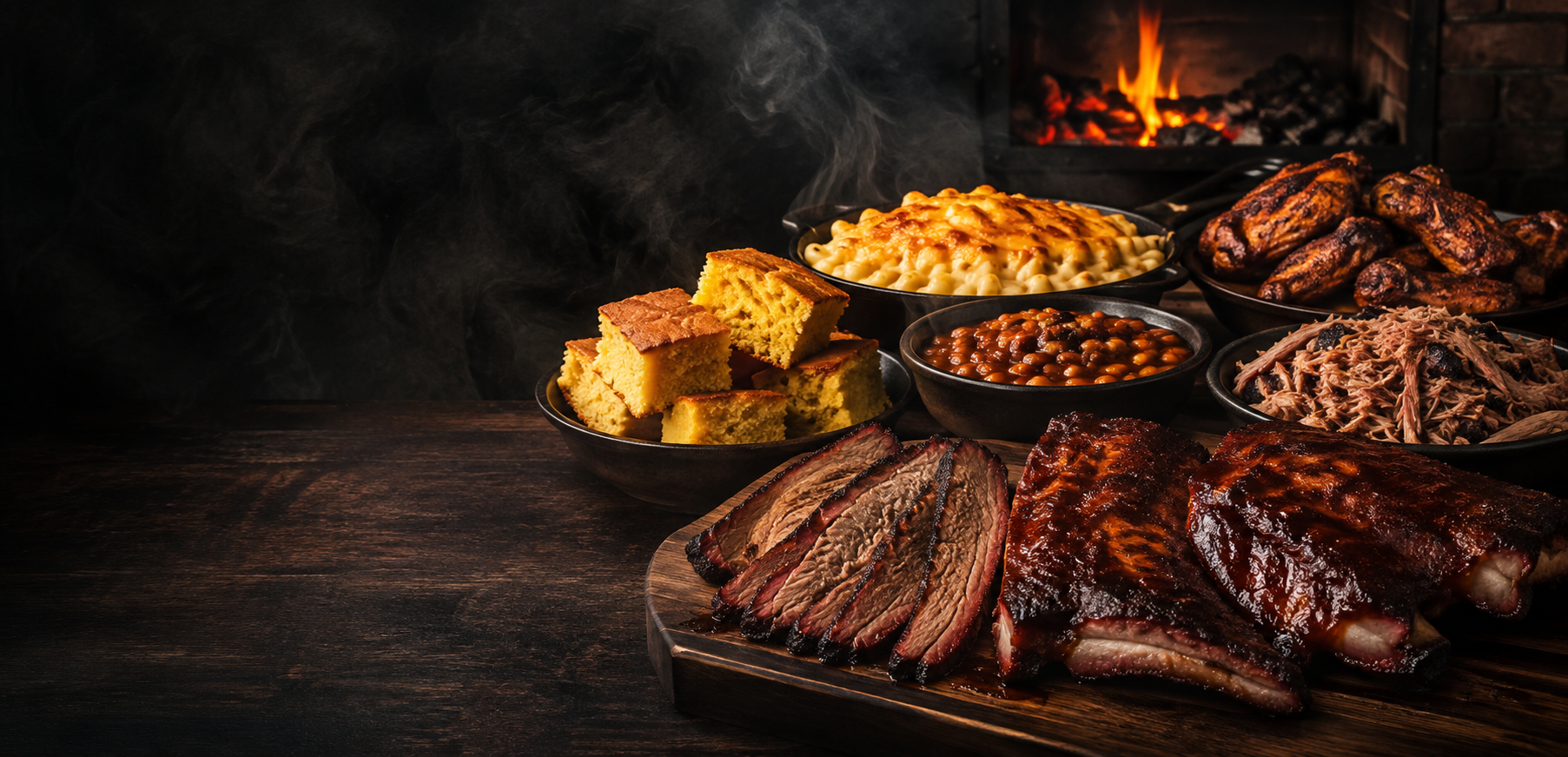 Smoked ribs, brisket, chicken, pulled pork, macaroni and cheese, baked beans, and cornbread